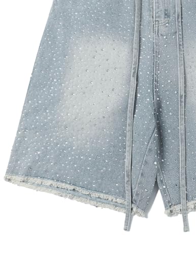 Rhinestone Denim Shorts Womens Jeans Pants Y2K Loose Fit Unisex Oversized Jorts Casual Streetwear Jeans Shorts