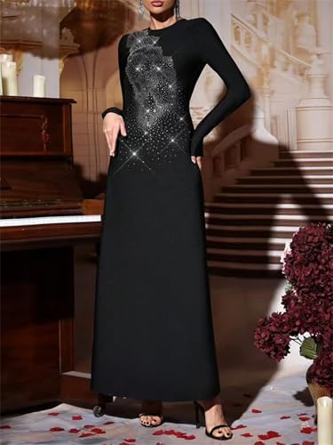 Women's Diamond Midi Dress - O-Neck Long Sleeve Minimalist High Waist