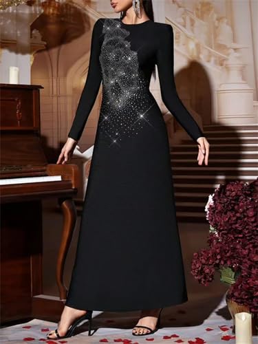 Women's Diamond Midi Dress - O-Neck Long Sleeve Minimalist High Waist