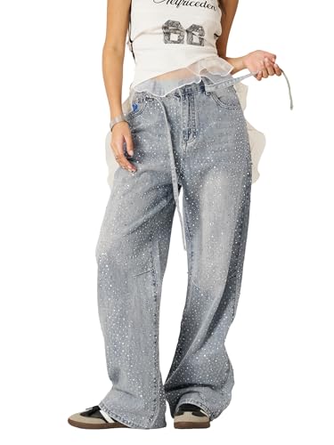 Womens Rhinestone Jeans Y2K Wide Leg Pants Unisex Loose Oversized Trousers Casual Baggy Streetwear Denim Pants