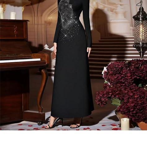 Women's Diamond Midi Dress - O-Neck Long Sleeve Minimalist High Waist