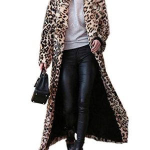 Women's Sexy Elegant Vintage Leopard Print Lapel Faux Fur Long Maxi Coat Jacket