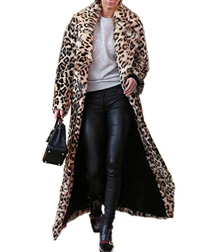 Women's Sexy Elegant Vintage Leopard Print Lapel Faux Fur Long Maxi Coat Jacket
