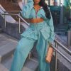 Womens Two Piece Sets Denim Outfit Ruched Long Sleeve Zip Up Cropped Jean Jacket Wide Leg Pants Chic Set