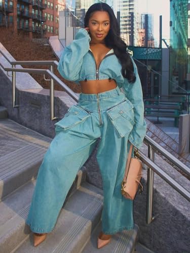Womens Two Piece Sets Denim Outfit Ruched Long Sleeve Zip Up Cropped Jean Jacket Wide Leg Pants Chic Set