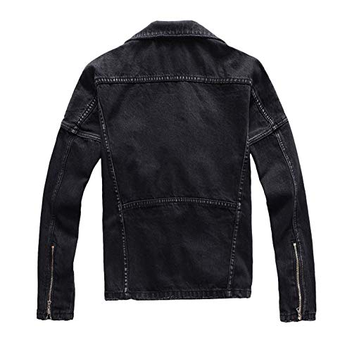 Men's Zippers Black Biker Jean Jacket Streetwear Thick Denim Slim Coat With Belt