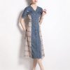 Denim Skirt Spring and Women's Long Dress Vintage Denim V-Neck Waist Slimming Dresses
