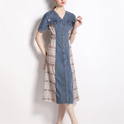 Denim Skirt Spring and Women's Long Dress Vintage Denim V-Neck Waist Slimming Dresses