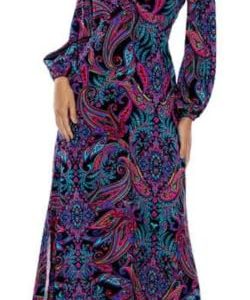 Que Linda Maxi Dress, Relaxed Fit, Deep V-Neck, Flowy Long Sleeves with Elastic Wrists, Flowy Long Dress