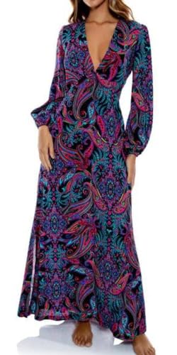 Que Linda Maxi Dress, Relaxed Fit, Deep V-Neck, Flowy Long Sleeves with Elastic Wrists, Flowy Long Dress