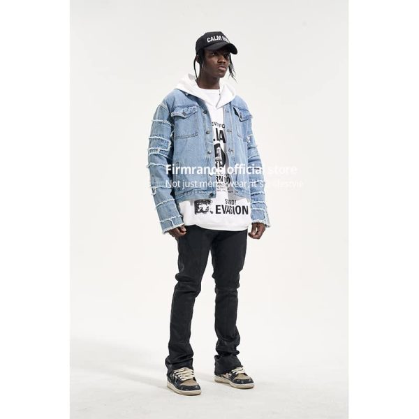 Light Blue Jeans Jacket For Men/Women High Street Do Old Washed Worn Out Paste Cloth Denim Coat black M