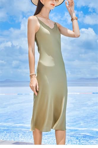 Women's Silkworm Silk Halter Dress - Simple Midi Khaki