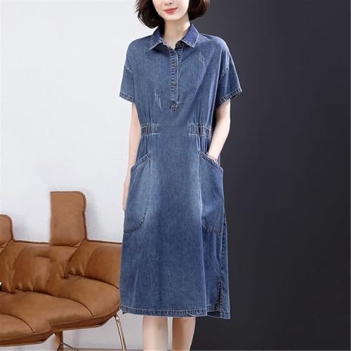 Summer Short Sleeve Denim Dress A Line Casual Pullover Long Dress for Women Lightweight Jean Dresses