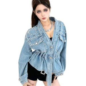 Women's Faux Leather PU Jacket, Graffiti Studded Rivet Punk Biker Moto Fashion Coat with Long Sleeve