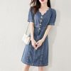 Sexy V Neck Button Down Denim Dress for Women Casual Jean Midi Dresses with Pockets