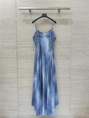 Women's Summer Embroidered Denim Spaghetti Strap Asymmetrical Long Slim Fit Casual Gown Elegant Maxi High Waist Wrap Dress