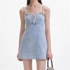 Women's Crystal Hollow Out Mini Denim Dress Straps Pearl Jeans Casual Holiday Evening Dresses
