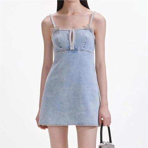 Women's Crystal Hollow Out Mini Denim Dress Straps Pearl Jeans Casual Holiday Evening Dresses