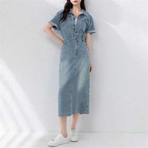 Women's Slimming Tencel Linen Waist Cinching Retro Hong Kong Style Denim Skirt Breathable Dress