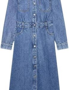 Women’s Dress Long Sleeve Shirt Blue Denim Summer Button Collared Casual Midi Long Dresses for Vacation