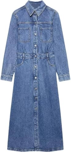 Women’s Dress Long Sleeve Shirt Blue Denim Summer Button Collared Casual Midi Long Dresses for Vacation