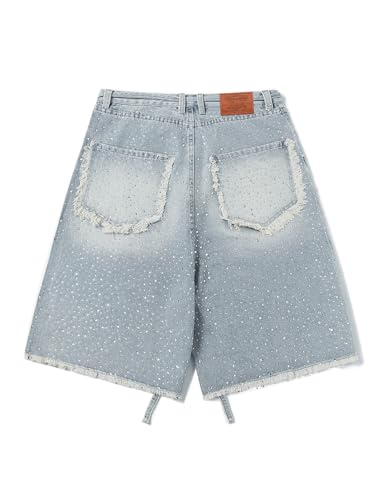 Rhinestone Denim Shorts Womens Jeans Pants Y2K Loose Fit Unisex Oversized Jorts Casual Streetwear Jeans Shorts