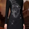Women's Diamond Midi Dress - O-Neck Long Sleeve Minimalist High Waist