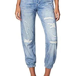 Womens French Terry Distressed Printed Denim Jogger, Comfortable & Stylish Pants