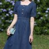 French Style Denim Dress Women Square Neck Embroidery Short Sleeve Gentle Retro Lady Dress