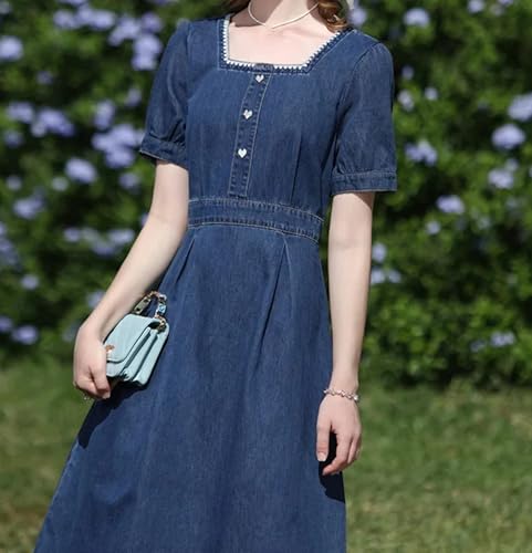 French Style Denim Dress Women Square Neck Embroidery Short Sleeve Gentle Retro Lady Dress