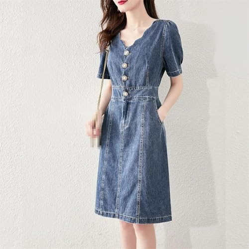 Sexy V Neck Button Down Denim Dress for Women Casual Jean Midi Dresses with Pockets