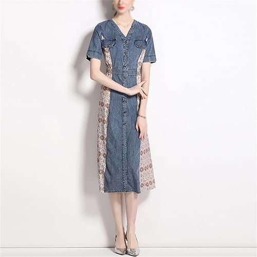 Denim Skirt Spring and Women's Long Dress Vintage Denim V-Neck Waist Slimming Dresses