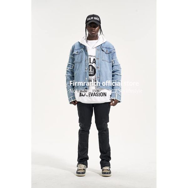 Light Blue Jeans Jacket For Men/Women High Street Do Old Washed Worn Out Paste Cloth Denim Coat black M