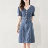 Sexy V Neck Button Down Denim Dress for Women Casual Jean Midi Dresses with Pockets
