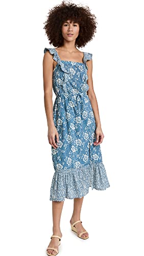 Women's Poppy Dress Sleevless Midi Square Neckline in Navy Multi