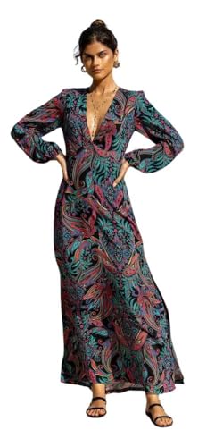 Que Linda Maxi Dress, Relaxed Fit, Deep V-Neck, Flowy Long Sleeves with Elastic Wrists, Flowy Long Dress