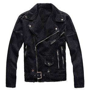 Men's Zippers Black Biker Jean Jacket Streetwear Thick Denim Slim Coat With Belt
