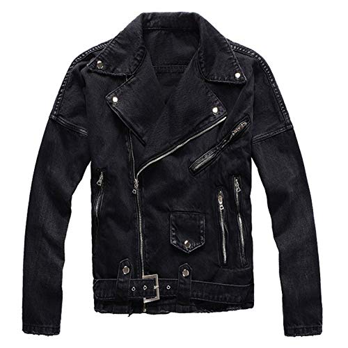 Men's Zippers Black Biker Jean Jacket Streetwear Thick Denim Slim Coat With Belt