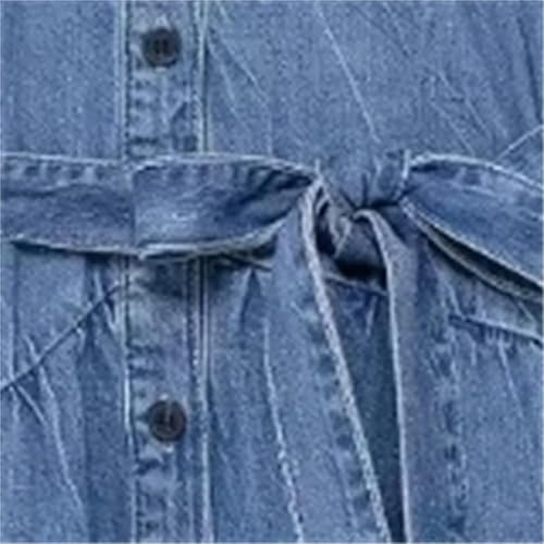 Summer Womens Denim Dress Turn Down Collar Single Breasted Mini Pleated Lace Up Casual Dress
