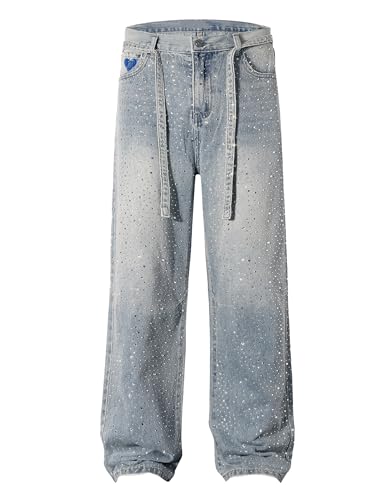 Womens Rhinestone Jeans Y2K Wide Leg Pants Unisex Loose Oversized Trousers Casual Baggy Streetwear Denim Pants