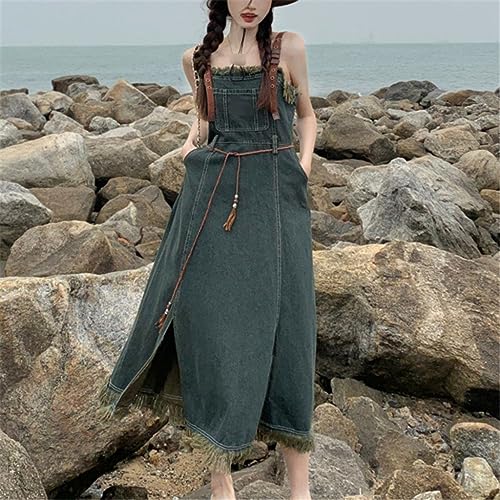 Retro Denim Dress Women's Waist Show Thin Tassel Sling Dress