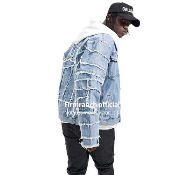 Light Blue Jeans Jacket For Men/Women High Street Do Old Washed Worn Out Paste Cloth Denim Coat black M