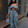 Womens Two Piece Sets Denim Outfit Ruched Long Sleeve Zip Up Cropped Jean Jacket Wide Leg Pants Chic Set