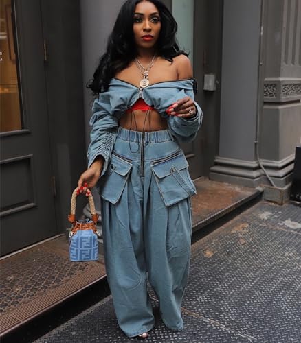 Womens Two Piece Sets Denim Outfit Ruched Long Sleeve Zip Up Cropped Jean Jacket Wide Leg Pants Chic Set
