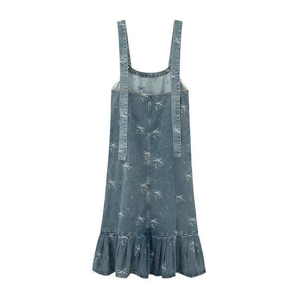 Summer Light Blue Denim Suspender Dress Women Loose Jacquard Casual Vintage Jean Dresses