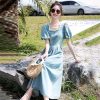 Women's Slim French Waist-Tied Bubble Sleeve Square Neck Slit Dress