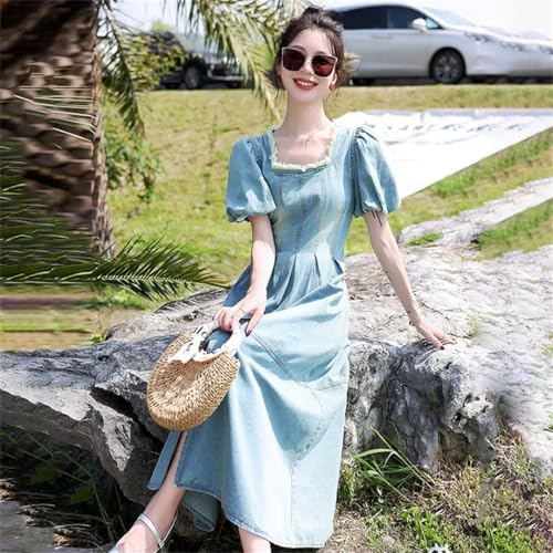 Women's Slim French Waist-Tied Bubble Sleeve Square Neck Slit Dress