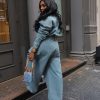 Womens Two Piece Sets Denim Outfit Ruched Long Sleeve Zip Up Cropped Jean Jacket Wide Leg Pants Chic Set