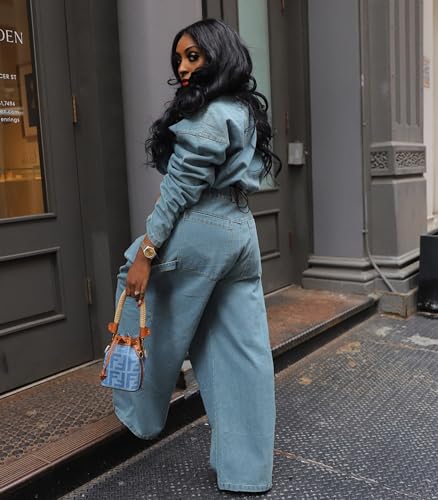 Womens Two Piece Sets Denim Outfit Ruched Long Sleeve Zip Up Cropped Jean Jacket Wide Leg Pants Chic Set