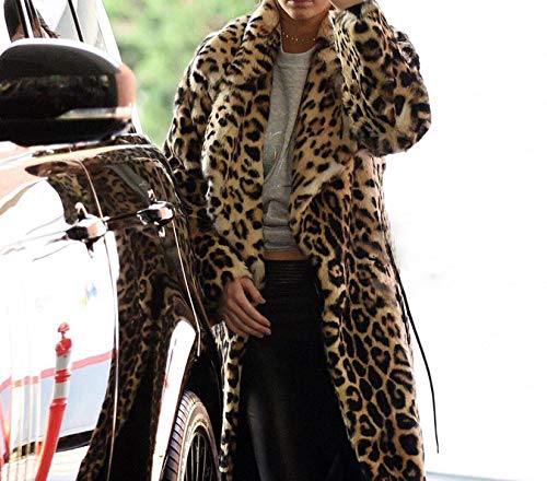 Women's Sexy Elegant Vintage Leopard Print Lapel Faux Fur Long Maxi Coat Jacket